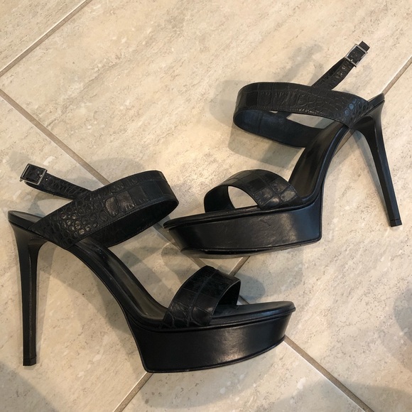Saint Laurent Shoes - SAINT LAURENT BLACK CROC EMBOSSED PLATFORM HEEL 40